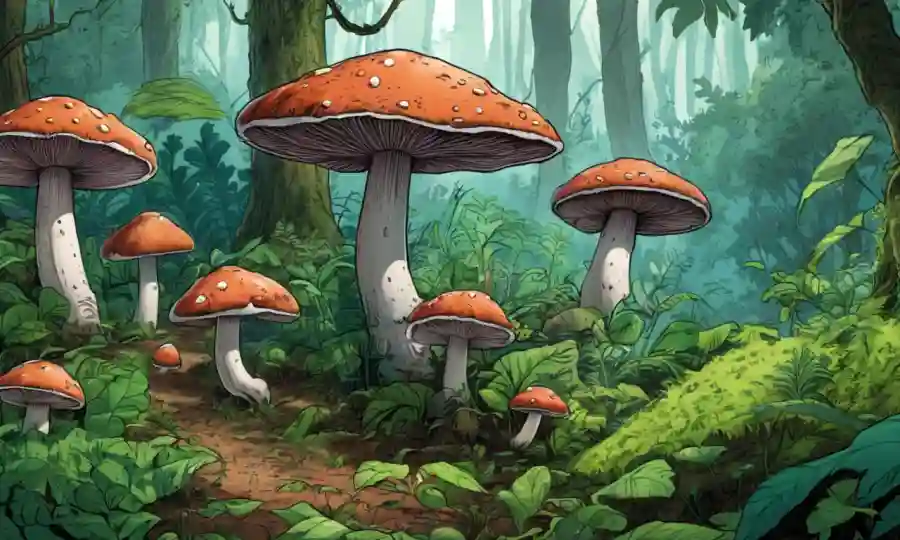 Un grupo de hongos rodeados de vegetación exuberante en un ecosistema forestal.