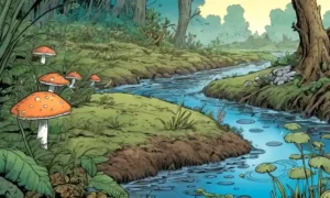 Un río con hongos creciendo entre plantas y agua.