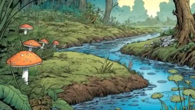 Un río con hongos creciendo entre plantas y agua.