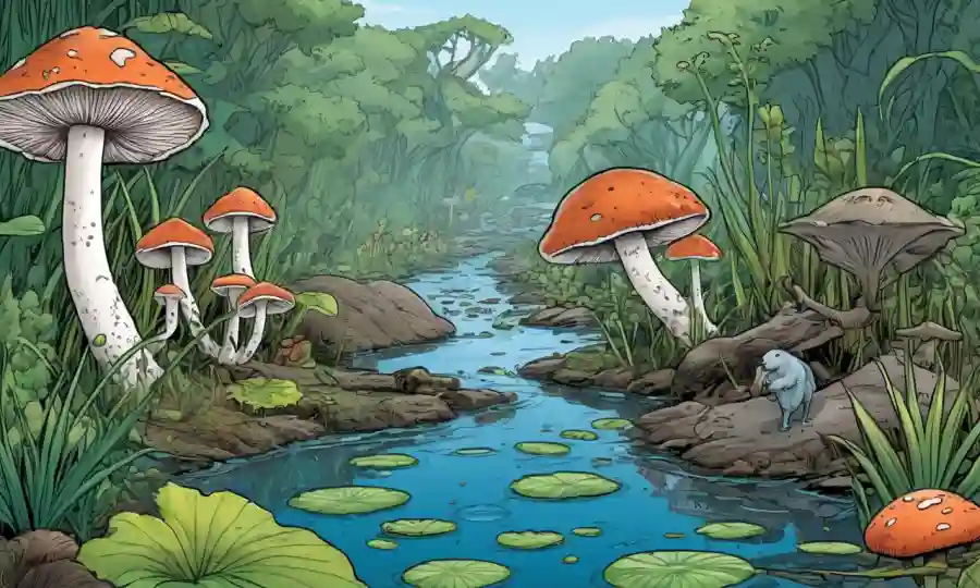 Ilustración de hongos en un ecosistema de corriente con otras plantas y animales acuáticos.