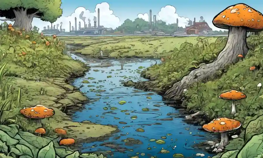 Una escena fluvial que muestra agua contaminada que afecta el crecimiento de hongos.