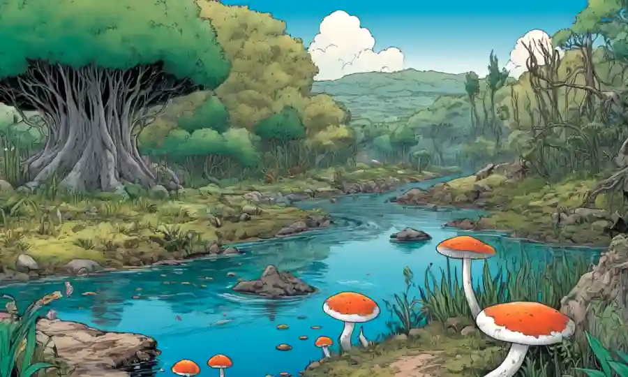 Supongo que esto es español - si es así:Fungi y plantas en relaciones simbióticas, rodeadas de plantas acuáticas y paisajes riparios.