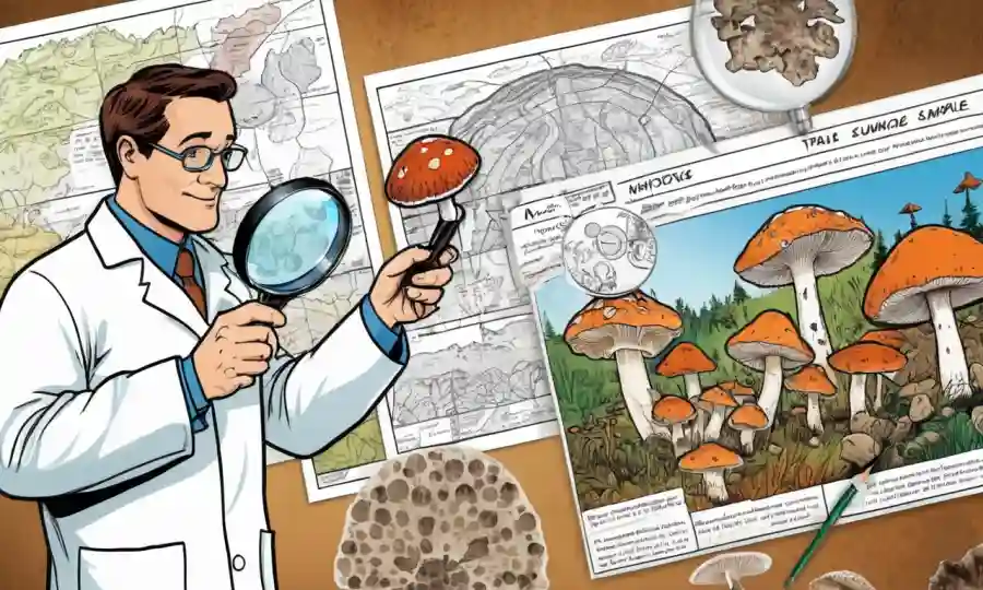 Un científico que sostiene una lupa cerca de una muestra de hongos como hongos en medio de diagramas y gráficos relacionados con el medio ambiente.