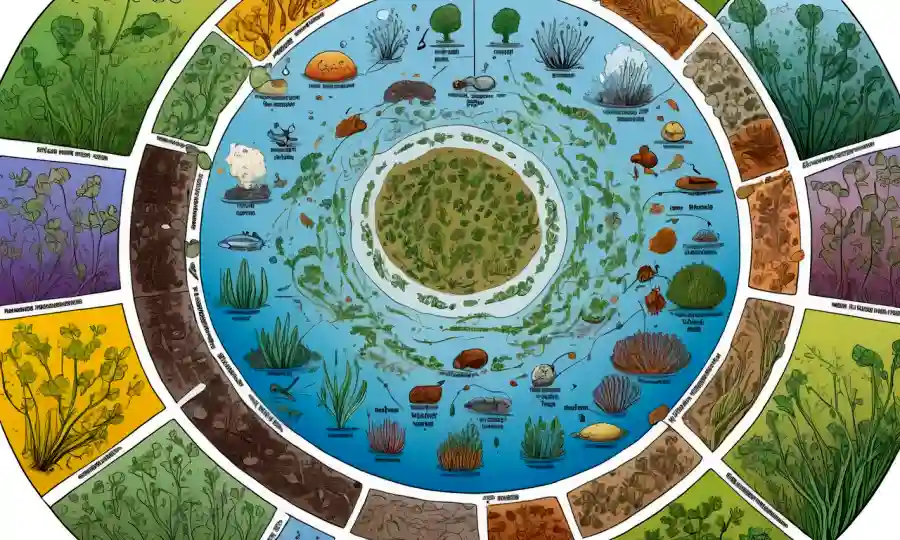 Ilustraciones de microorganismos y ecosistemas de suelo en un diagrama circular.