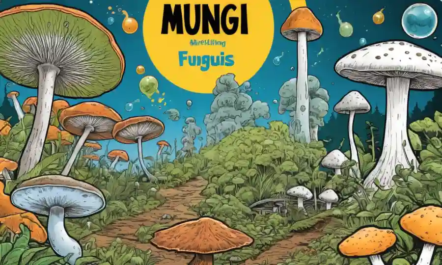 Las ilustraciones de hongos con fórmulas químicas y diagramas de biocombustibles en el fondo.