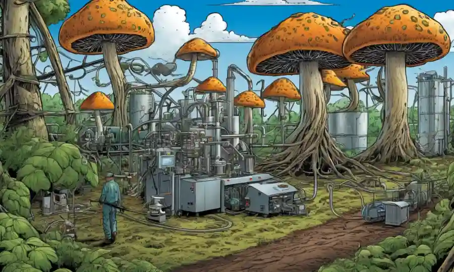 Una red fúngica conectada al equipo de producción de biocombustibles.