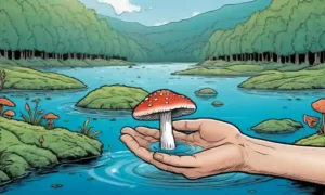 Una mano sosteniendo un hongo en medio de calmar el agua y el paisaje natural.