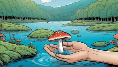 Una mano sosteniendo un hongo en medio de calmar el agua y el paisaje natural.