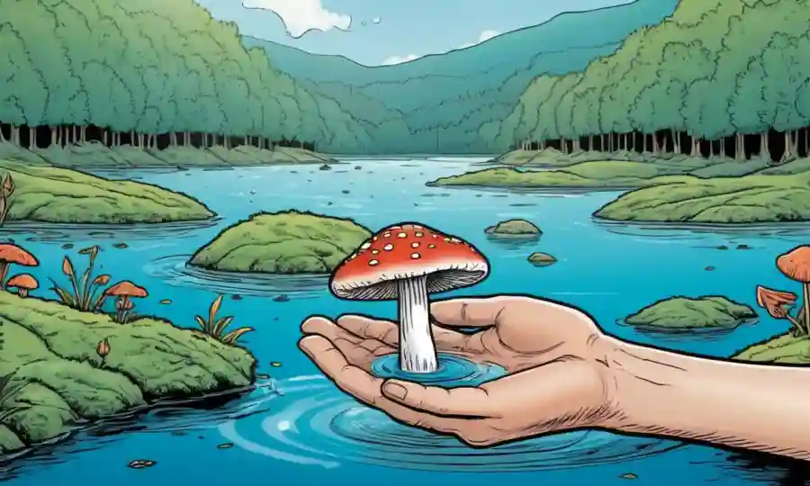 Una mano sosteniendo un hongo en medio de calmar el agua y el paisaje natural.