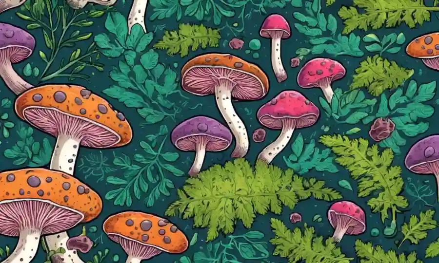 Una ilustración colorida de hongos con bacterias intestinales microscópicas, rodeada de células en forma de cerebro y vegetación.