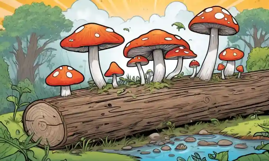 Fungi creciendo en un tronco, rodeado de efectos positivos en los iconos de salud y bienestar.
