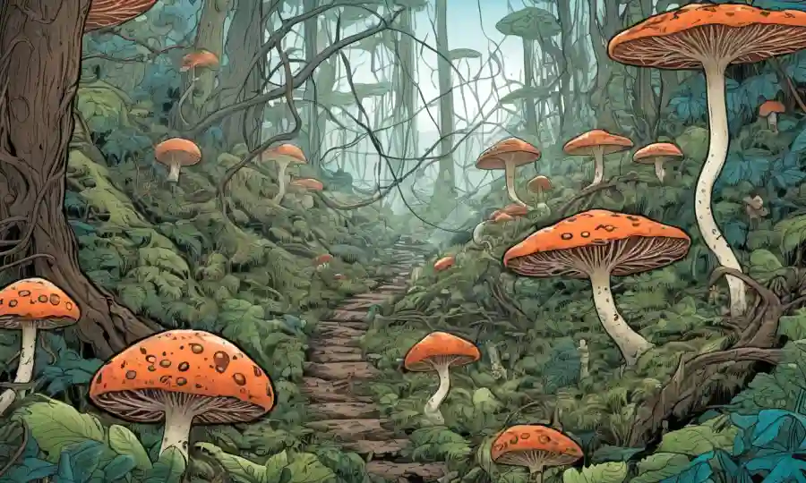 Una compleja red de hongos y plantas en el ecosistema forestal con conexiones entre ellos.
