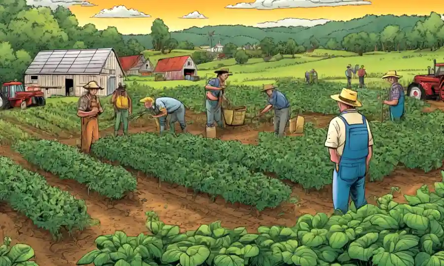 Los agricultores que observan insectos y plantas beneficiosos en un entorno de granja orgánica.