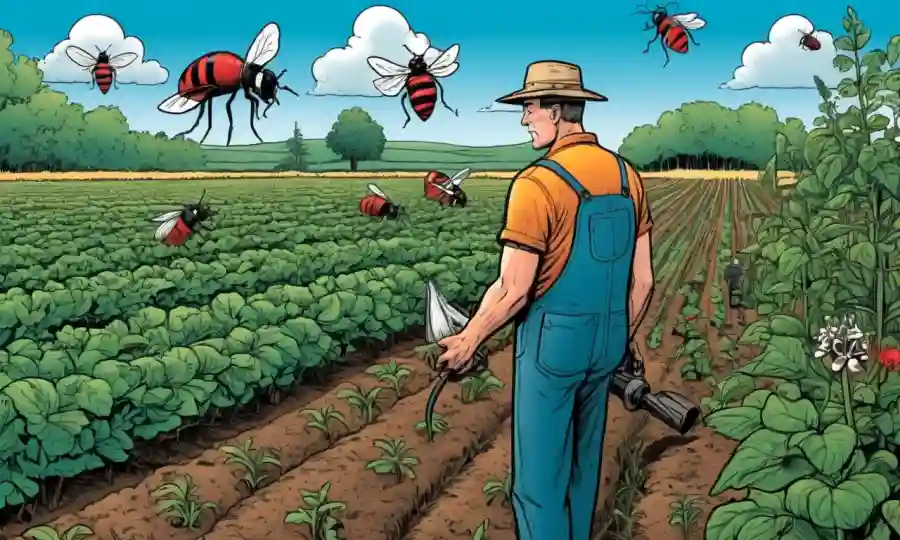 Farmer inspecting a healthy crop surrounded by beneficial insects or plants.