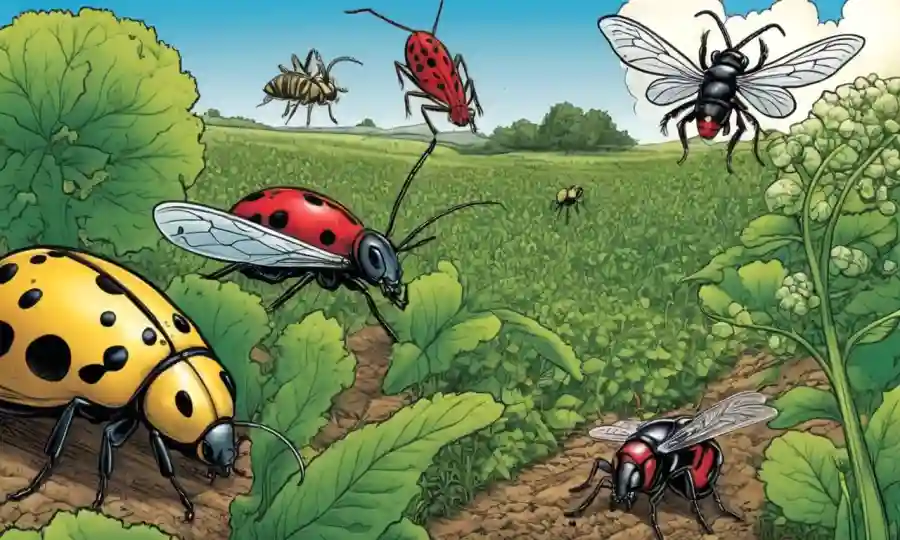 Imagen que ilustra el concepto de control biológico (pestos vs insectos beneficiosos) dentro de un entorno agrícola orgánico.