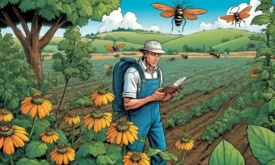 Un agricultor agrícola que mira los insectos beneficiosos en las plantas mientras está rodeado de contexto agrícola orgánico.