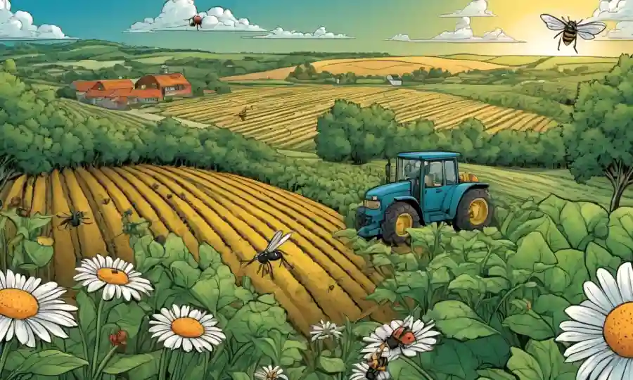 Depredadores naturales que defienden cultivos orgánicos de plagas en medio de un exuberante paisaje agrícola.