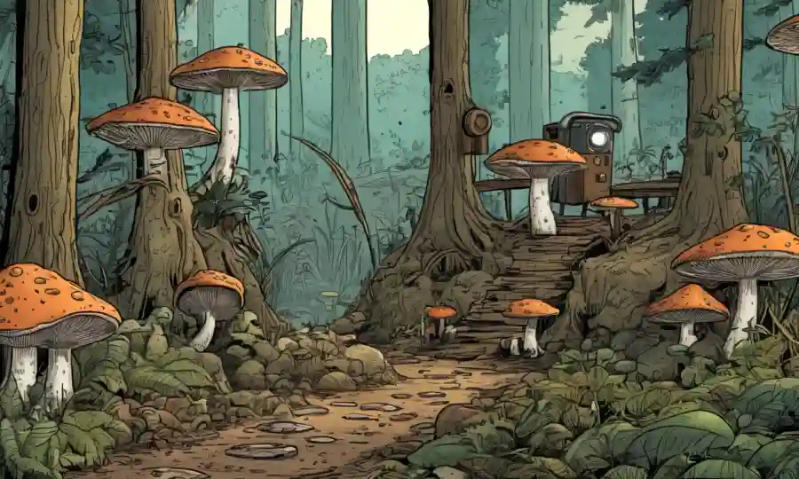 Una escena forestal con hongos, tonos terrenales y equipo de bioingeniería.