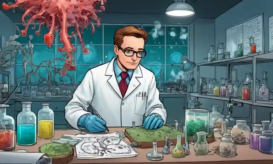 Científico en un laboratorio que examina culturas de hongos, rodeado de equipos y notas de investigación.