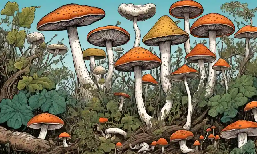Las ilustraciones de hongos con diversas formas simbióticas y la superposición de texto sobre sus tipos e importancia en la investigación.