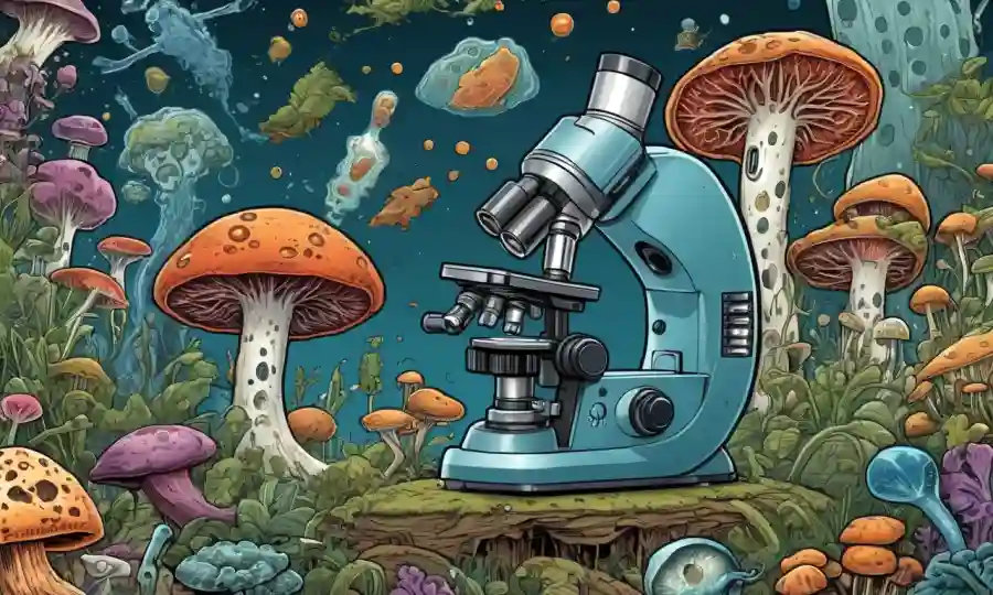 Una imagen de microscopio que muestra hongos creciendo simbióticamente en un ecosistema, rodeado de iconos que representan salud y microorganismos.