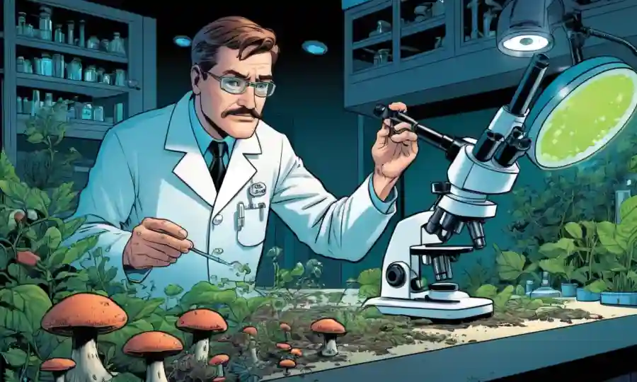 Un científico en un laboratorio, rodeado de hongos y plantas, examinando un plato petri bajo un microscopio.