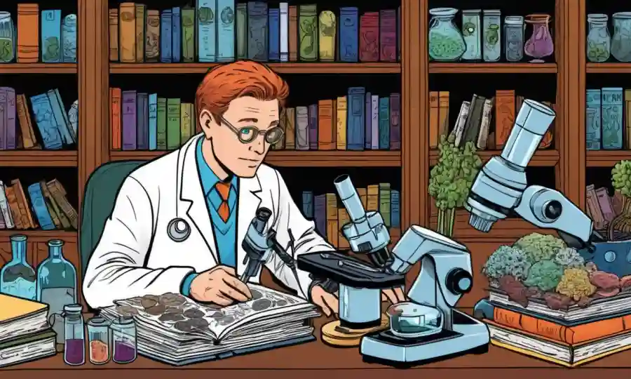 Un experto hongo que estudia muestras bajo un microscopio
