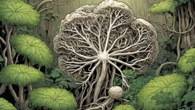 Un acercamiento de hifa de hongos rodeado de texturas terrenales y vegetación.