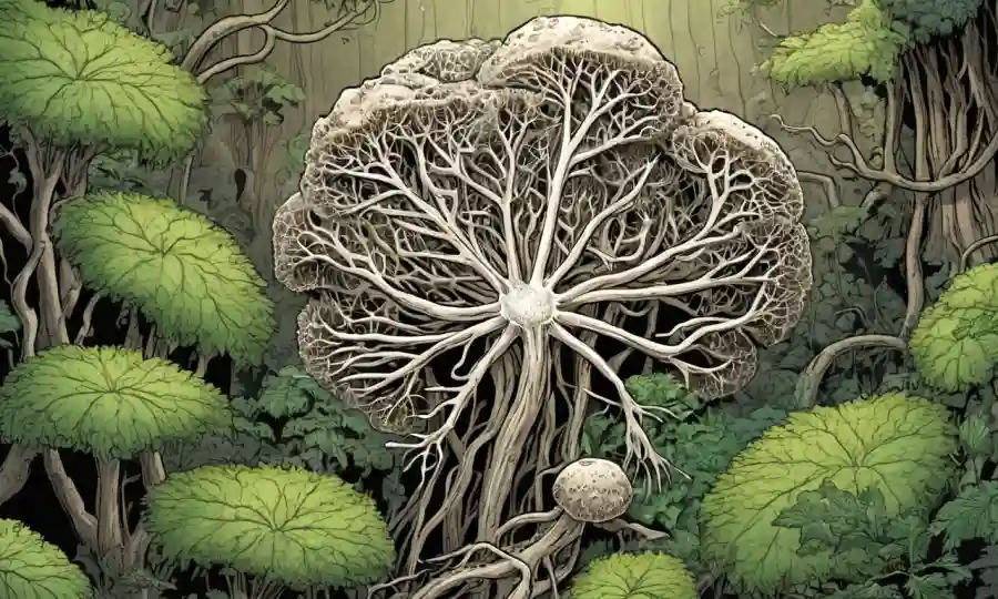 Un acercamiento de hifa de hongos rodeado de texturas terrenales y vegetación.