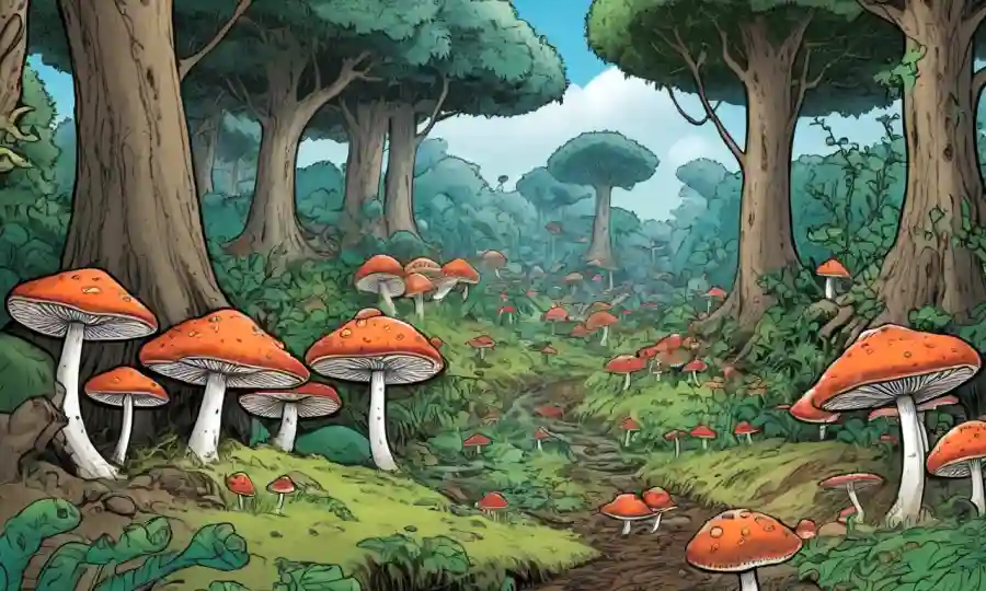 Red de hongos que se extiende bajo los árboles con nutrientes y plantas que fluyen alrededor.