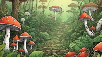 Las ilustraciones relacionadas con hongos en medio de conceptos ecológicos sobre un fondo tipo hoja.