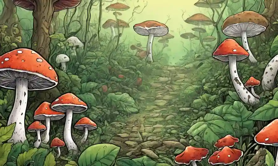 Las ilustraciones relacionadas con hongos en medio de conceptos ecológicos sobre un fondo tipo hoja.