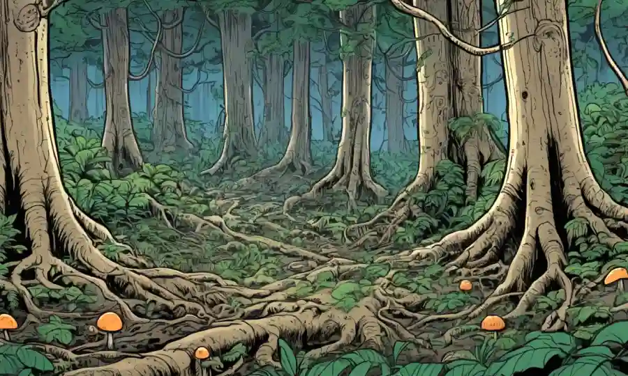 Redes de hongos que conectan las raíces de los árboles en un exuberante ecosistema forestal.