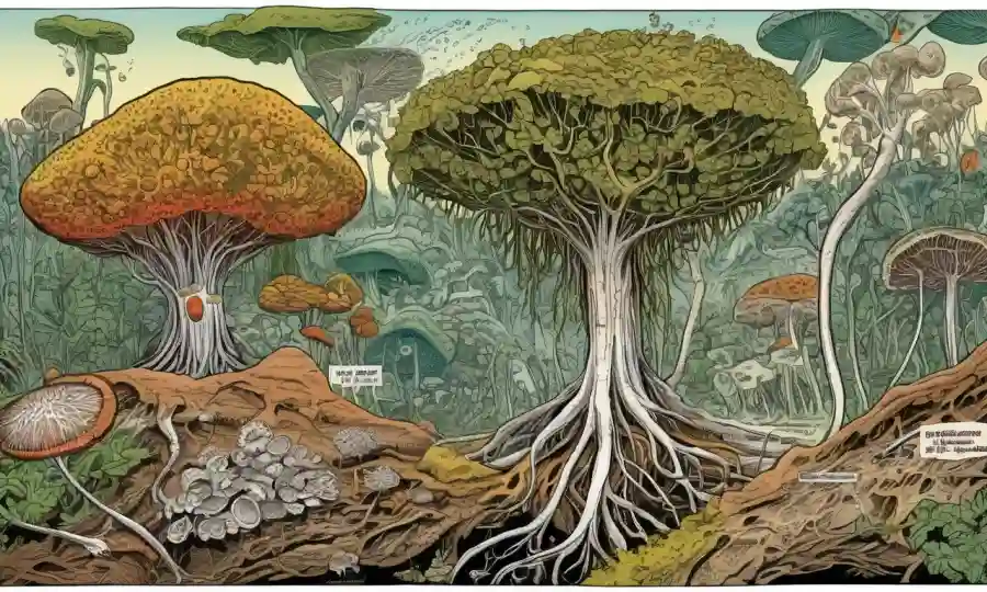 Una combinación de imágenes microscópicas de hongos, raíces de plantas y diagramas ecológicos destacando el concepto de resistencia a enfermedades y estrés ambiental.