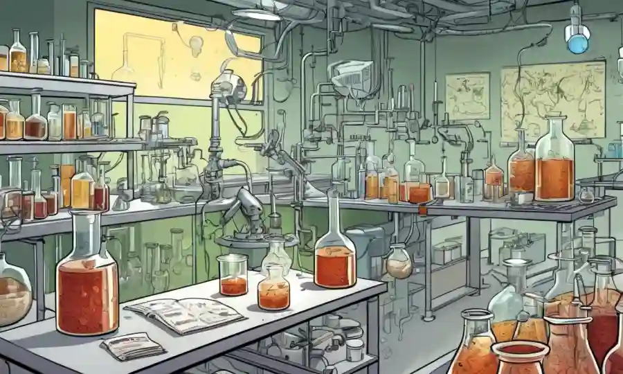 Una escena de laboratorio que muestra vasos de fermentación con microorganismos creciendo, rodeados de gráficos científicos y documentos de investigación.