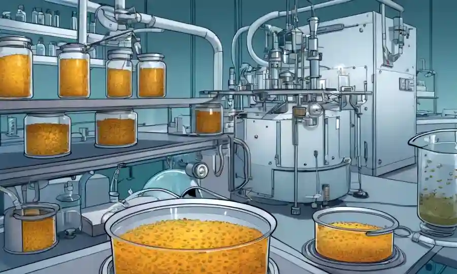 Cultivos microscópicos de levadura y equipos de fermentación en un entorno de laboratorio, transmitiendo importancia científica.