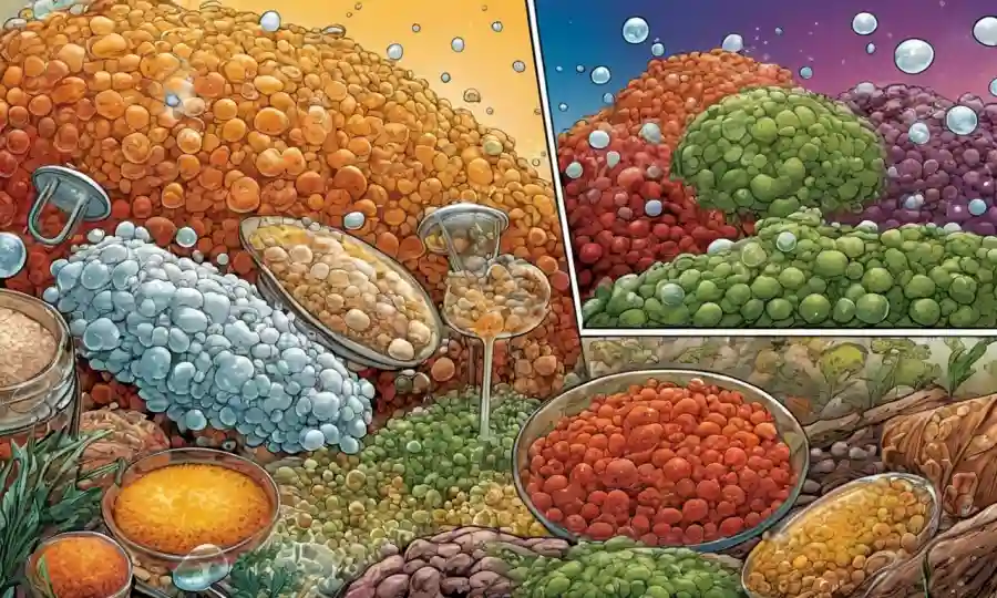 Una mezcla de alimentos en proceso de fermentación natural, con burbujas y microorganismos presentes.