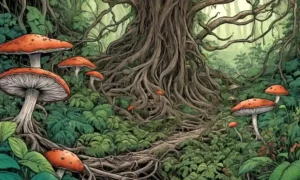 Roots of plants intertwining with fungi