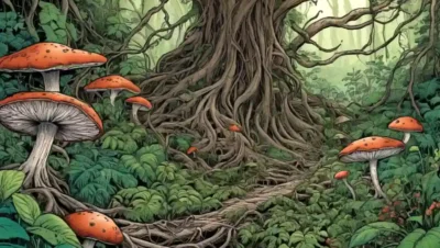 Roots of plants intertwining with fungi