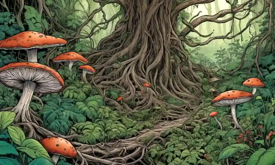 Roots of plants intertwining with fungi