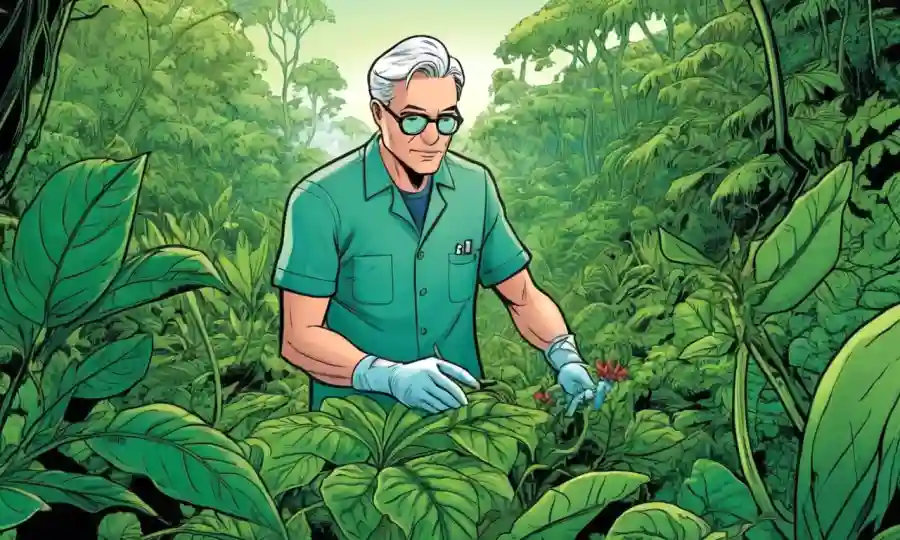Científico recolectando muestras de plantas en medio de vegetación exuberante, destacando las conexiones de microorganismo.