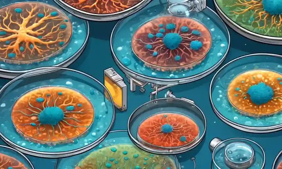 Células de hongos creciendo en platos petri con equipos científicos que los rodean.