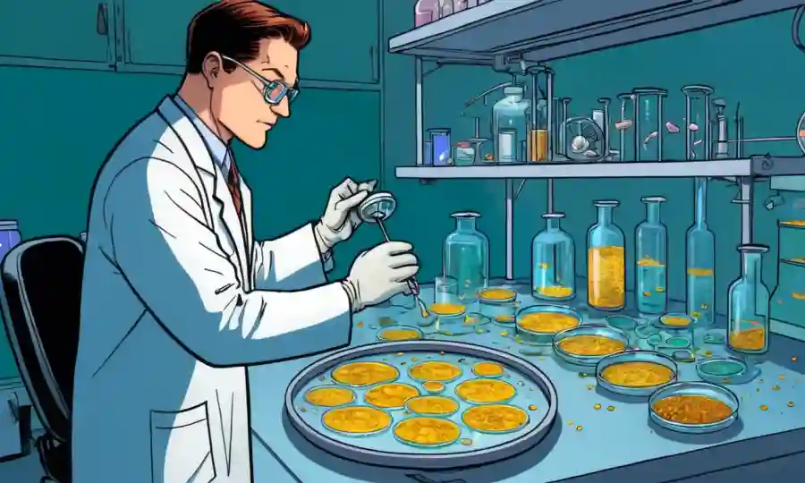 Científico observando culturas de células fúngicas en un plato petri de laboratorio.