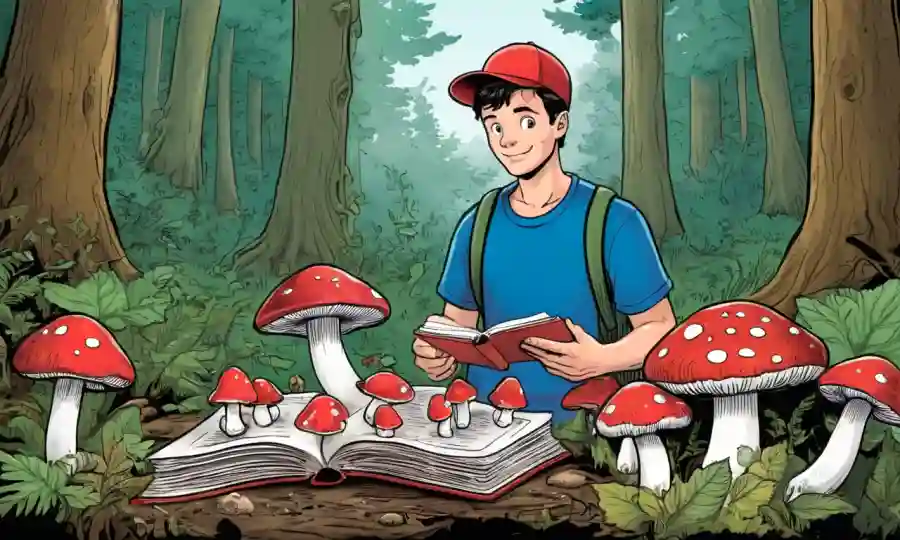 Una persona con diferentes tipos de hongos comestibles en un entorno forestal con libros educativos.