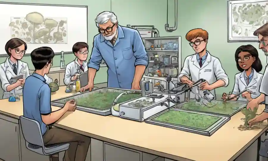 Profesor que enseña micología a los estudiantes usando equipo de laboratorio interactivo.