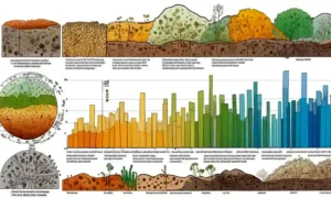 Vistas microscópicas de microbios de suelo combinados con gráficos de barras y gráficos de datos.