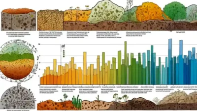 Vistas microscópicas de microbios de suelo combinados con gráficos de barras y gráficos de datos.