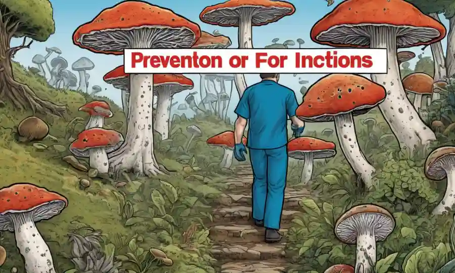 Una ilustración médica que muestra los pasos de prevención para infecciones fúngicas resaltados en un fondo de varias especies de hongos.