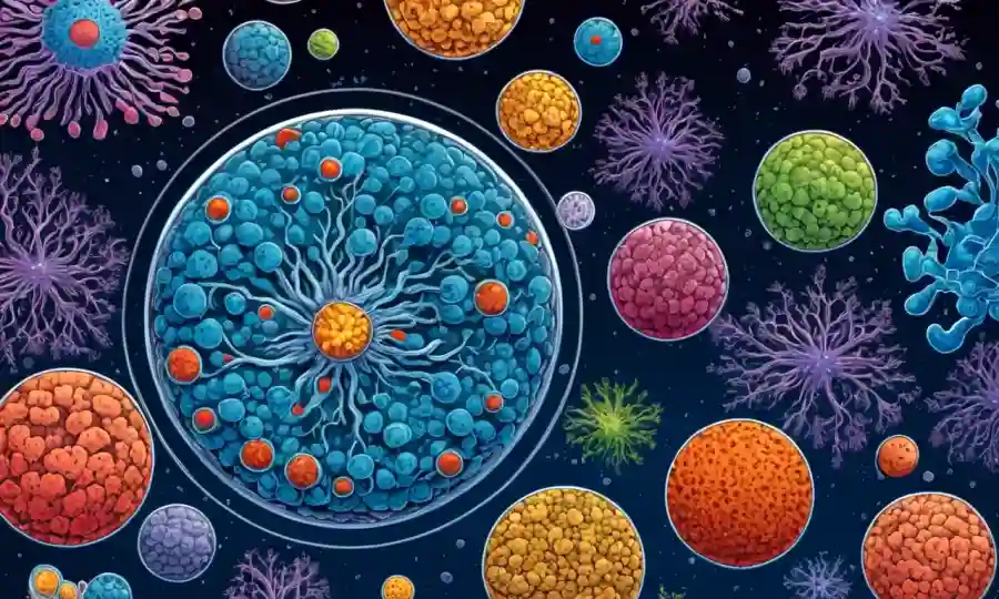 Un microorganismo de crecimiento de hongos bajo un microscopio, rodeado de estadísticas de representaciones gráficas.