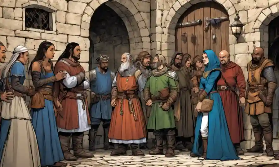 Personas de diferentes orígenes culturales interactuando en un entorno medieval.